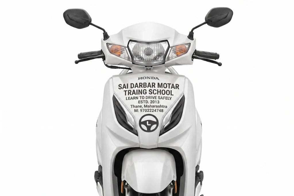 White Honda Activa Scooter 2-Wheeler Female Training with Official Sai Darbar Motor Training School Branding Thane